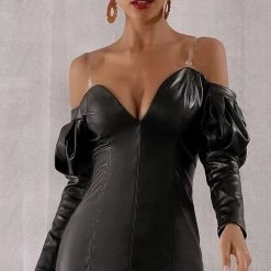 Jessica Bara Myles Off Shoulder Faux Leather Dress