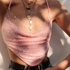 Jessica Bara Blair Sequin Mesh Cropped Tank Top