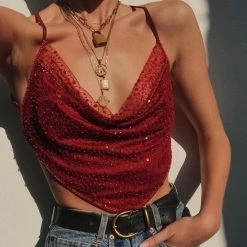 Jessica Bara Blair Sequin Mesh Cropped Tank Top