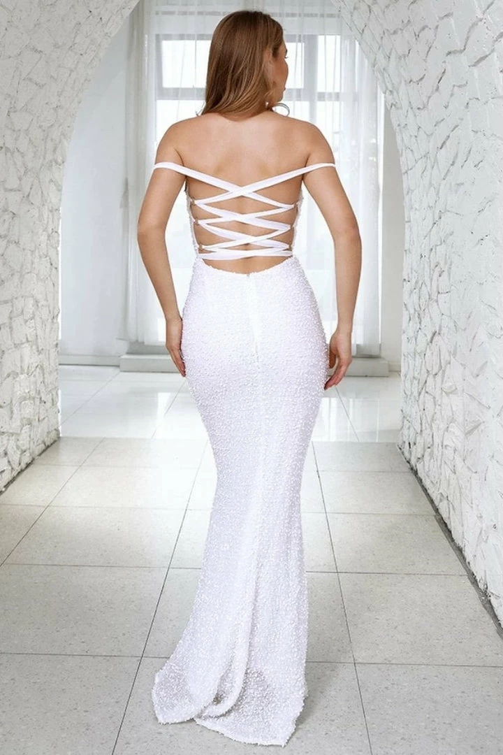 Jessica Bara Shay Sequin Cross-Back Off The Shoulder Maxi Dress