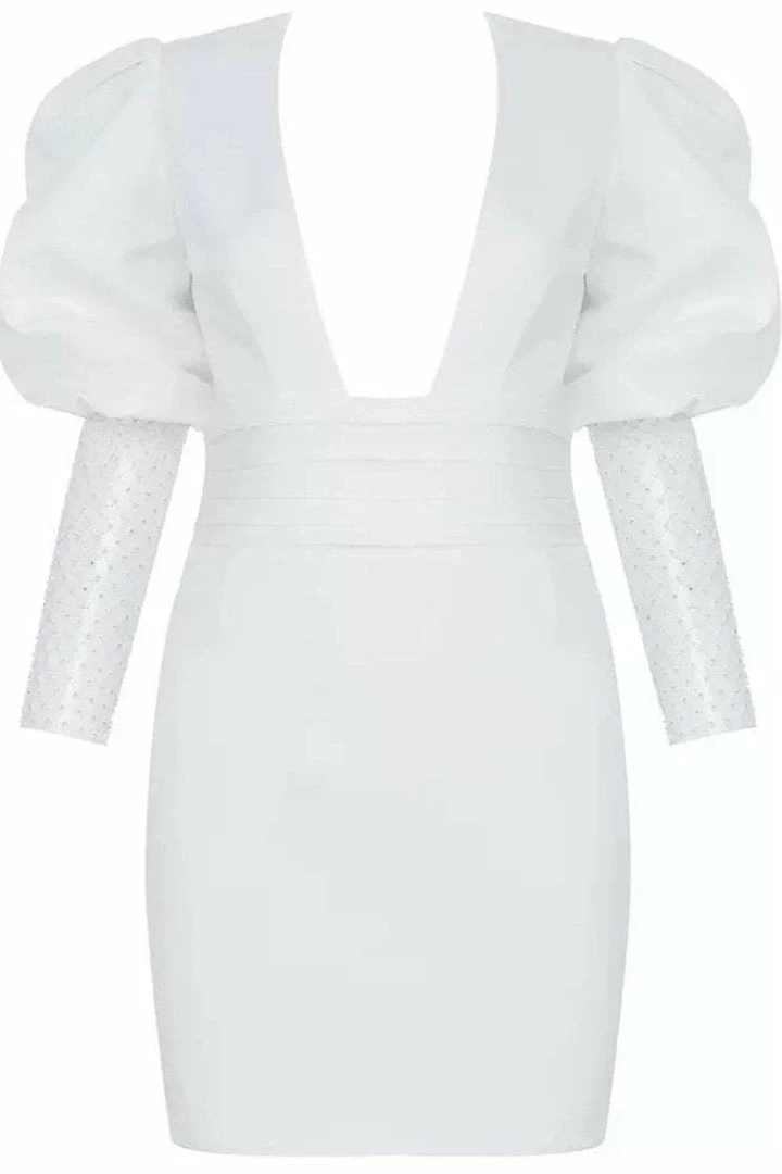 Jessica Bara Marilyn Puff Shoulder Mesh Sleeve Mini Dress
