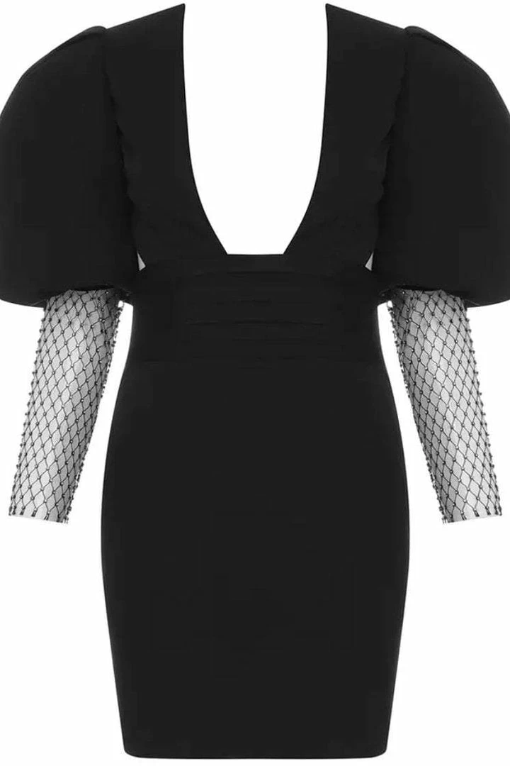 Jessica Bara Marilyn Puff Shoulder Mesh Sleeve Mini Dress