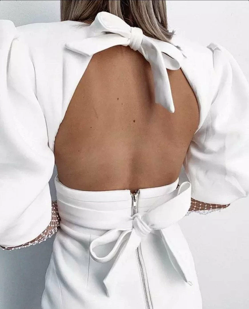 Jessica Bara Marilyn Puff Shoulder Mesh Sleeve Mini Dress