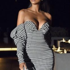 Jessica Bara Winona Houndstooh Off The Shoulder Mini Dress