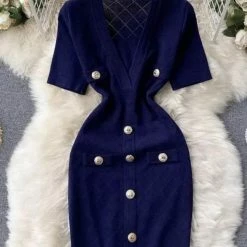 Jessica Bara Lizzie Gold Button Short Sleeve Knit Dress