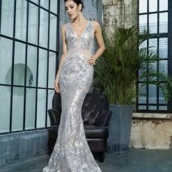Jessica Bara Alejandra Plunge Neckline Glitter Gown