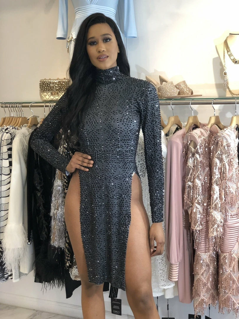 Jessica Bara Carolyn High Slit Long Sleeve Dress Influencer Style