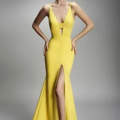 Nicole Bakti Deep V High Slit Long Dress