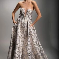 Nicole Bakti Strapless Plunge Neckline Floral Gown Dresses