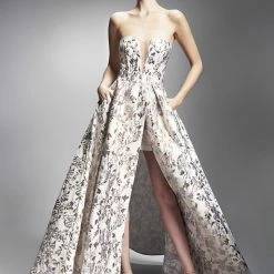 Nicole Bakti Strapless Plunge Neckline Floral Gown Dresses