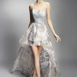 Nicole Bakti Strapless Floral Embroidered Hi-Lo Dress