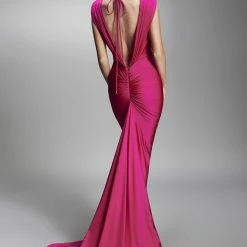 Dresses Nicole Bakti Deep V Front Knot Low Back Long Dress