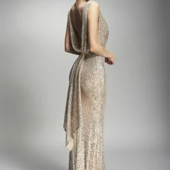 Nicole Bakti Deep V Back Draped Sequin Embellished Dress Dresses