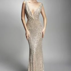 Nicole Bakti Deep V Back Draped Sequin Embellished Dress Dresses