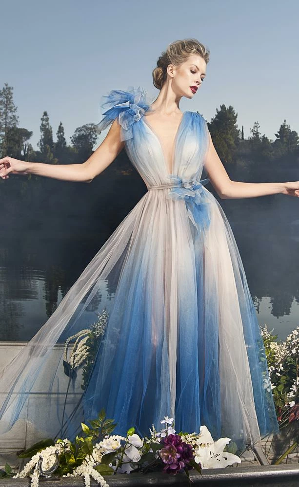 Dresses Nicole Bakti Plunging Ombre Evening Gown