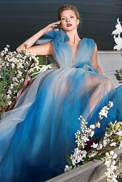 Dresses Nicole Bakti Plunging Ombre Evening Gown