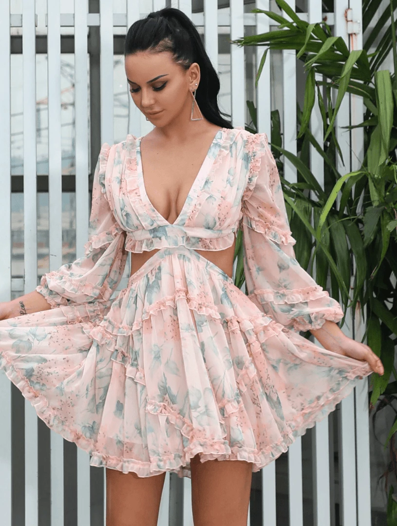 Jessica Bara Dawn Long Sleeve Print Mini Dress