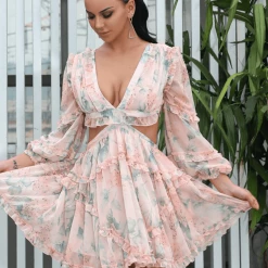 Jessica Bara Dawn Long Sleeve Print Mini Dress