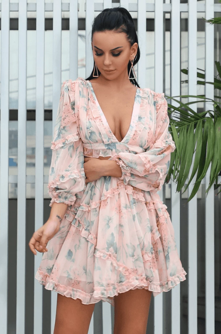 Jessica Bara Dawn Long Sleeve Print Mini Dress