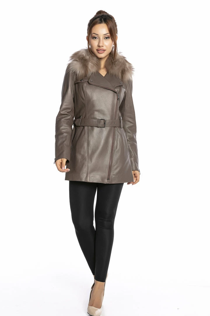 Reve Doll Essentials Luigi Long Sleeve Fur Collar Belted Leather Jacket