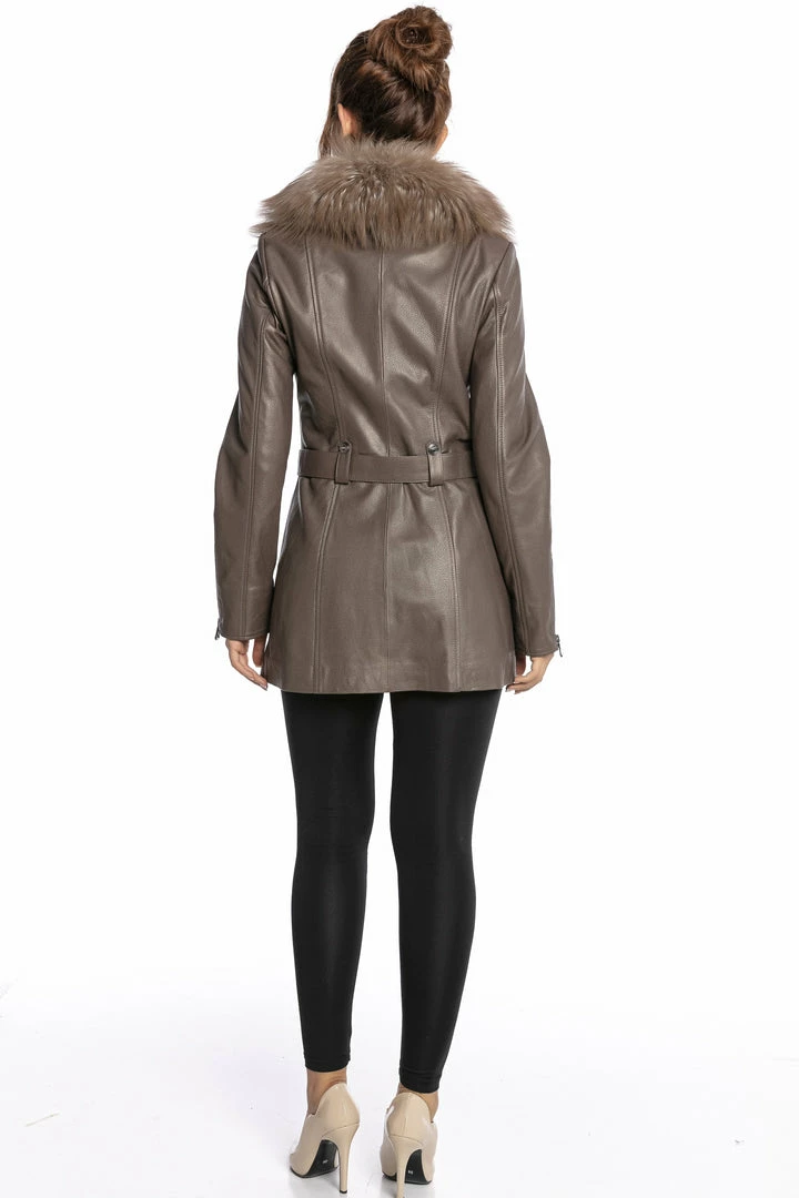 Reve Doll Essentials Luigi Long Sleeve Fur Collar Belted Leather Jacket