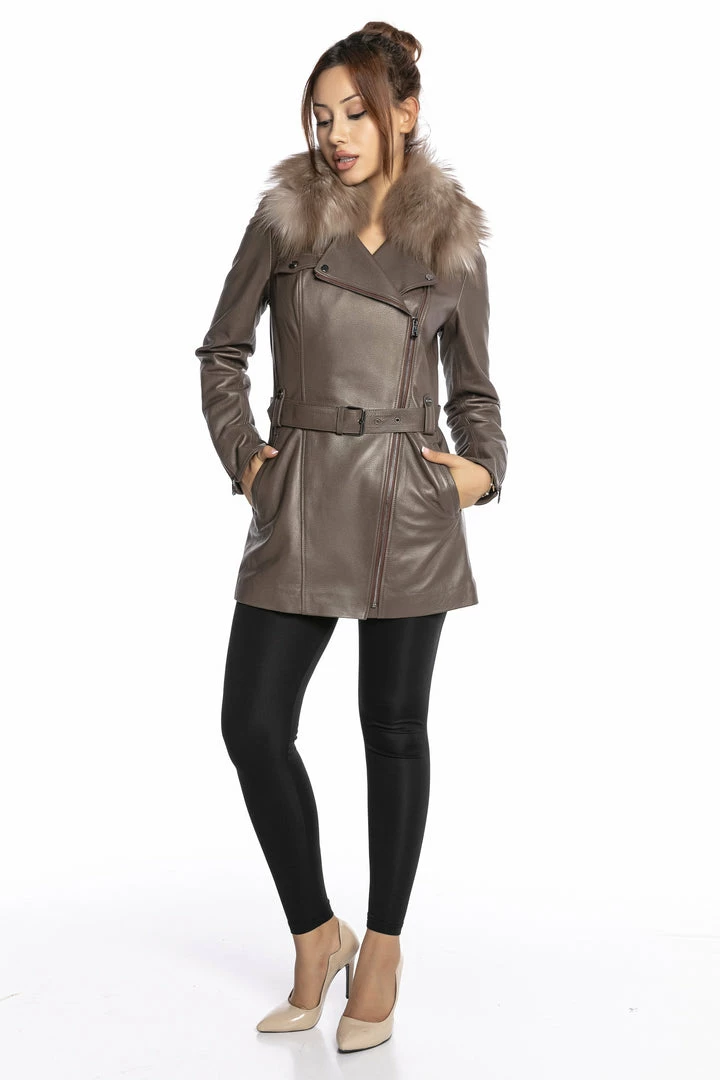 Reve Doll Essentials Luigi Long Sleeve Fur Collar Belted Leather Jacket