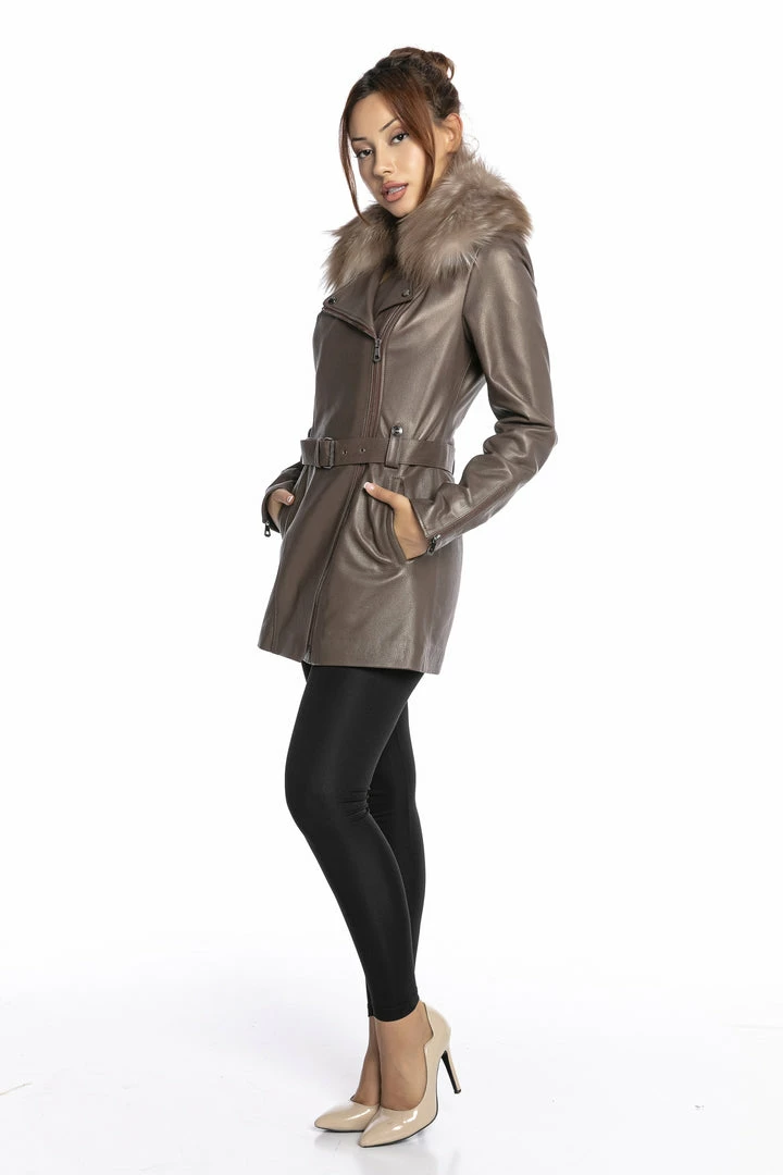 Reve Doll Essentials Luigi Long Sleeve Fur Collar Belted Leather Jacket