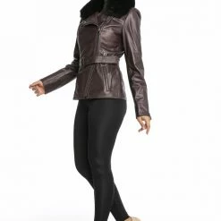 Luigi Long Sleeve Fur Collar Leather Belted Jacket