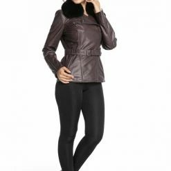 Luigi Long Sleeve Fur Collar Leather Belted Jacket