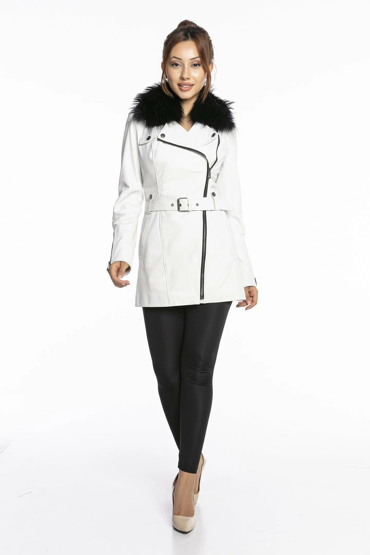 Reve Doll Essentials Luigi Long Sleeve Fur Collar Belted Leather Jacket