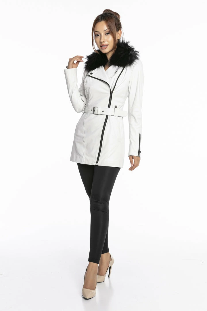 Reve Doll Essentials Luigi Long Sleeve Fur Collar Belted Leather Jacket