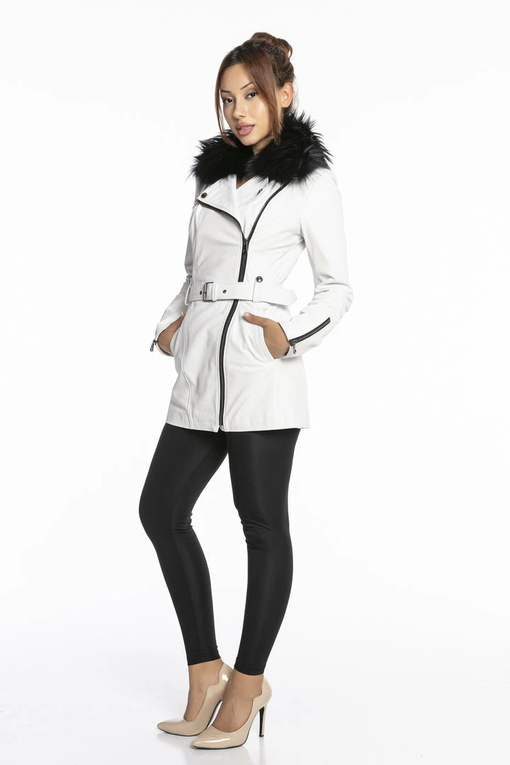 Reve Doll Essentials Luigi Long Sleeve Fur Collar Belted Leather Jacket