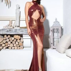 Best Sellers Jessica Bara Adri Metallic Diamond Cut Out Ruched Gown