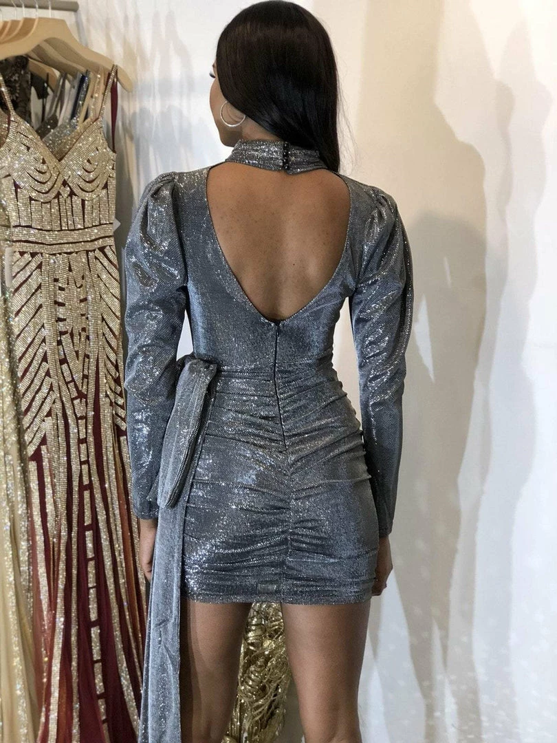 Influencer Style Jessica Bara Jenny Mock Neck Puff Sleeve Party Dress