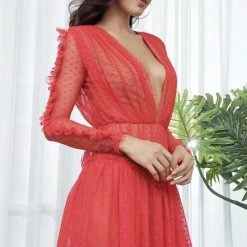 Best Sellers Jessica Bara Dionne Long Sleeve Deep V-Neck Polka Dot Mesh Mini Dress