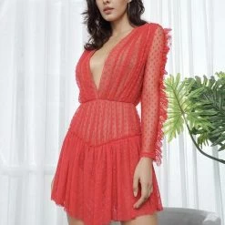 Jessica Bara Dionne Long Sleeve Deep V-Neck Polka Dot Mesh Mini Dress Influencer Style