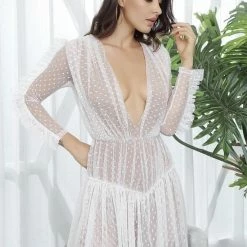 Jessica Bara Dionne Long Sleeve Deep V-Neck Polka Dot Mesh Mini Dress Influencer Style