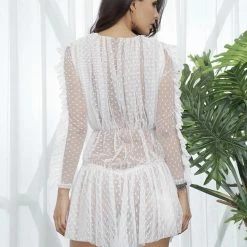 Jessica Bara Dionne Long Sleeve Deep V-Neck Polka Dot Mesh Mini Dress Influencer Style