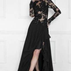 The Event Shop Nicole Bakti Asymmetrical Slit Floral Embellished Lace Long Sleeve Dress