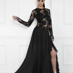 The Event Shop Nicole Bakti Asymmetrical Slit Floral Embellished Lace Long Sleeve Dress
