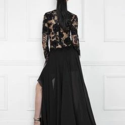 The Event Shop Nicole Bakti Asymmetrical Slit Floral Embellished Lace Long Sleeve Dress