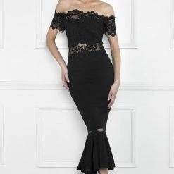 Nicole Bakti Floral Lace Nude Illusion Mesh Off Shoulder Dress Dresses