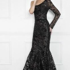 Nicole Bakti Long One Shoulder Sleeve Lace Gown The Event Shop