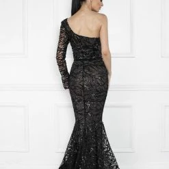 Nicole Bakti Long One Shoulder Sleeve Lace Gown The Event Shop