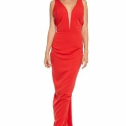 Nicole Bakti Long V Neck Back Slit Dress Dresses