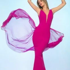 Nicole Bakti Long V Neck Back Slit Dress Dresses