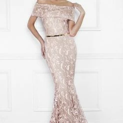 Nicole Bakti Off Shoulder Embellished Lace Belted Gown Dresses