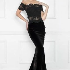 Nicole Bakti Off Shoulder Sheer Mesh Lace Velvet Gown The Event Shop