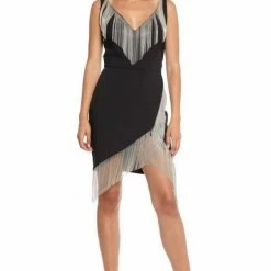Nicole Bakti V Neck Assymetrical Fringe Short Dress Birthday Suit