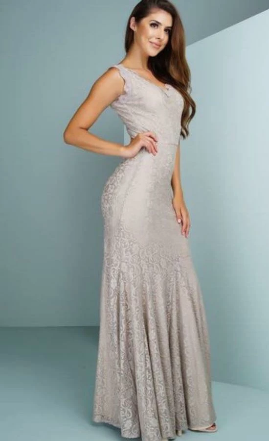 Posh Couture V Neck Lace Gown